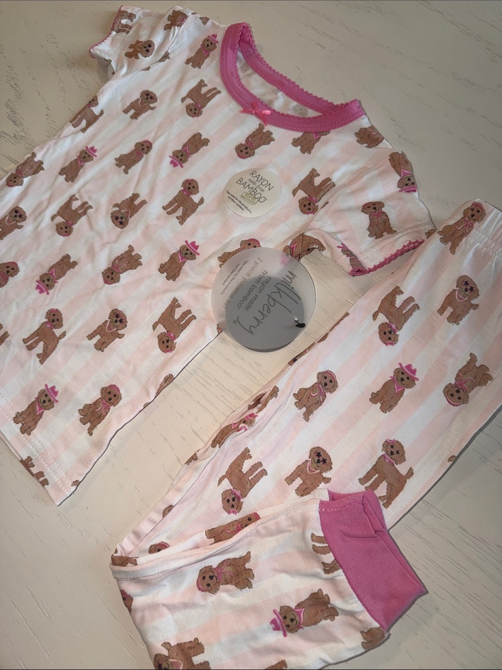 Milkberry Pink Puppy Print Cabana Stripe Bamboo Kids Pajama Set 2T 3T 4T 5T - Picture 6 of 6
